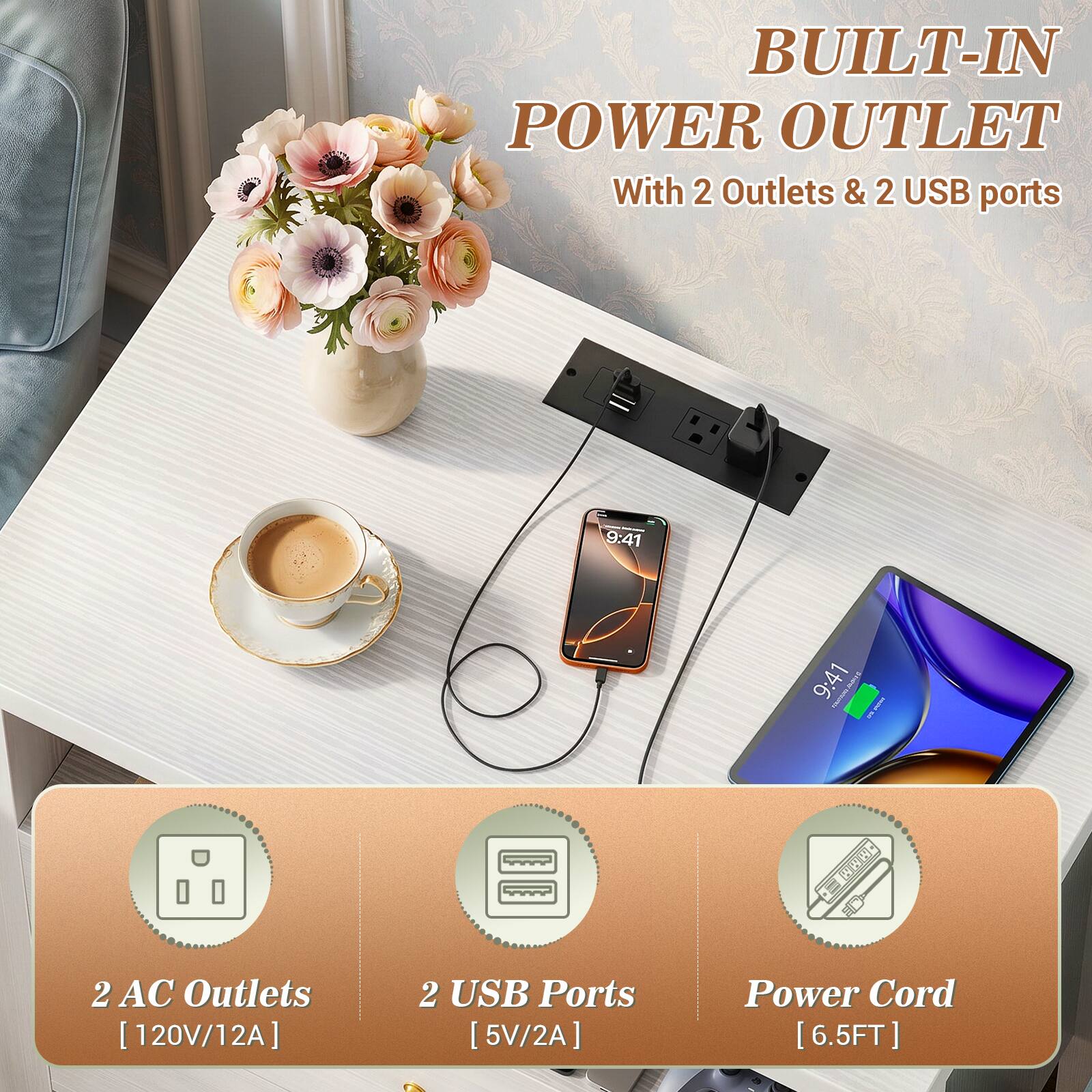 BUILT-IN POWER OUTLET  
With 2 Outlets & 2 USB ports  

2 AC Outlets [120V/12A]  
2 USB Ports [5V/2A]  
Power Cord [6.5FT]