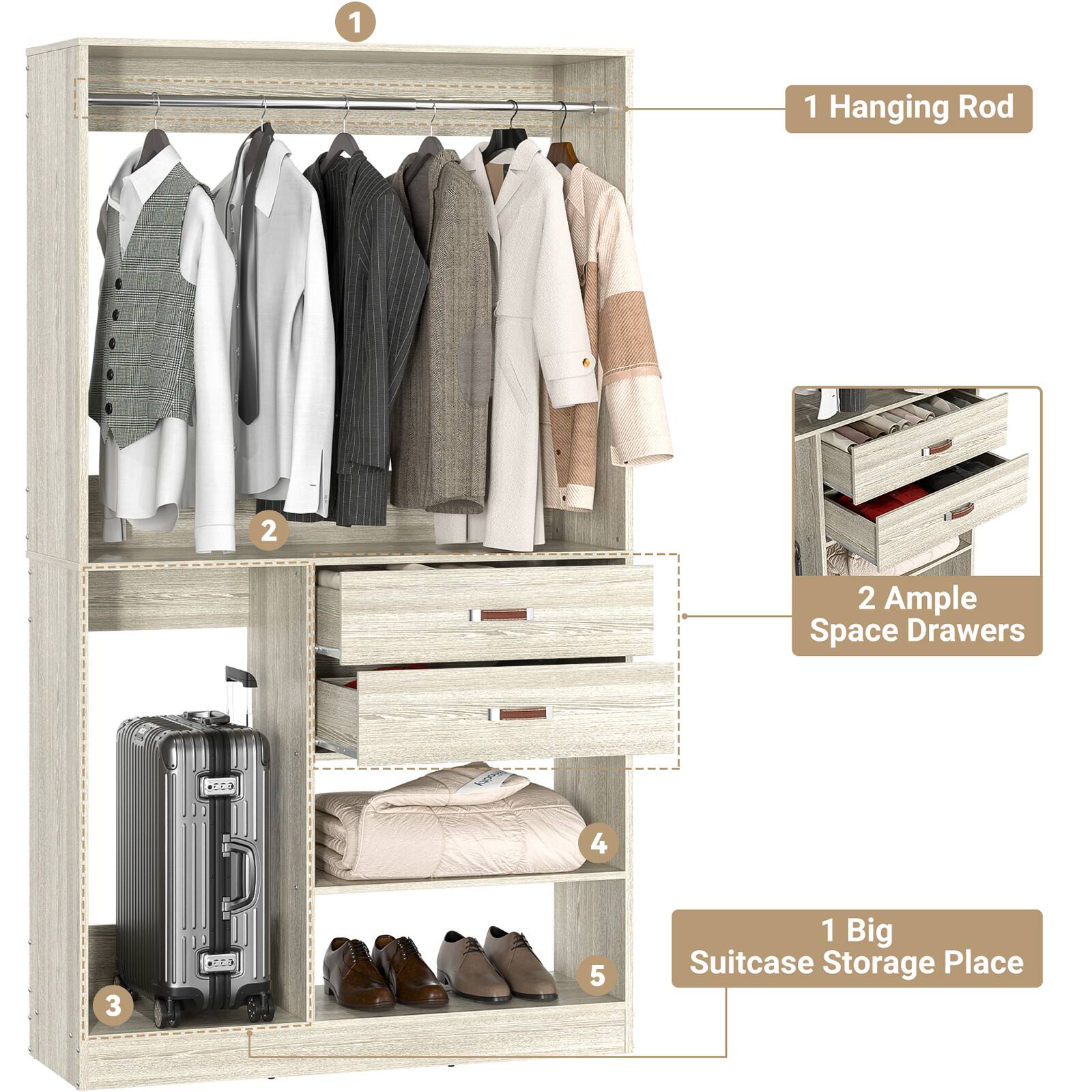 1. Hanging Rod
2. Ample Space Drawers
3. 1 Big Suitcase Storage Place