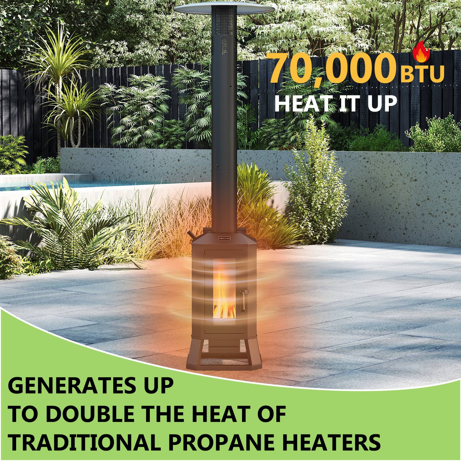 70,000 BTU  
HEAT IT UP  

GENERATES UP TO DOUBLE THE HEAT OF TRADITIONAL PROPANE HEATERS