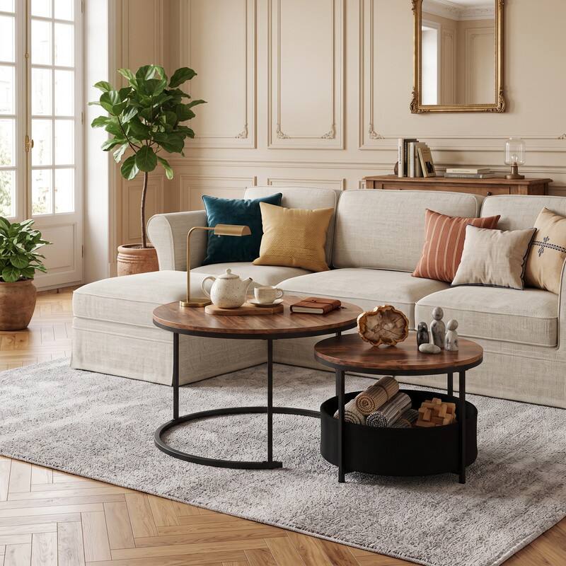 WELLFOR Round Coffee Table Set of 2 , Circle Cocktail Table with Fabric ...