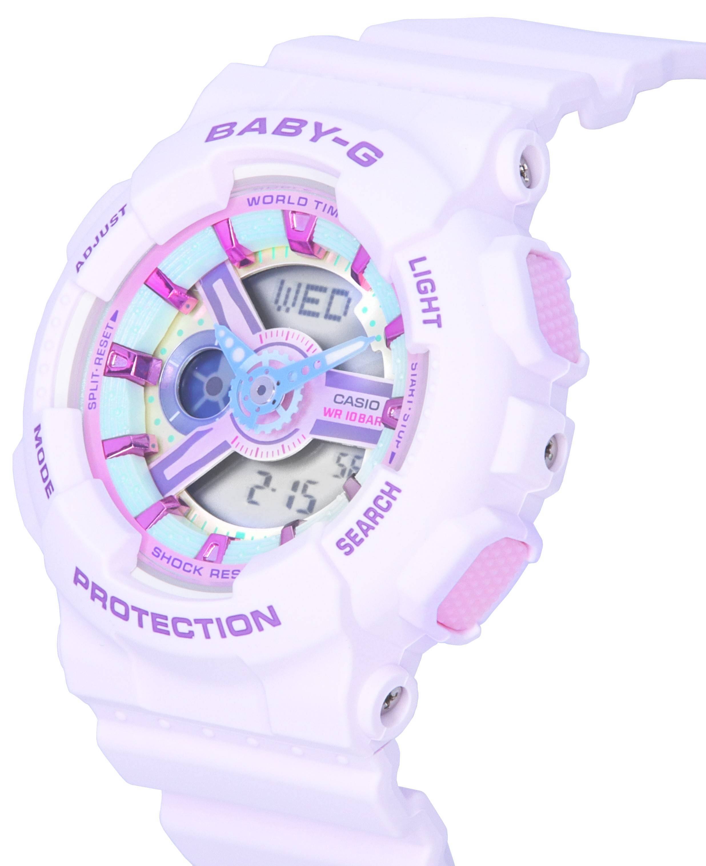 BABY-G  
WORLD TIME  
LIGHT  
SEARCH  
PROTECTION  
SHOCK RESIST  
WR 10 BAR  
CASIO  
SPLIT RESET  
MODE  
ADJUST