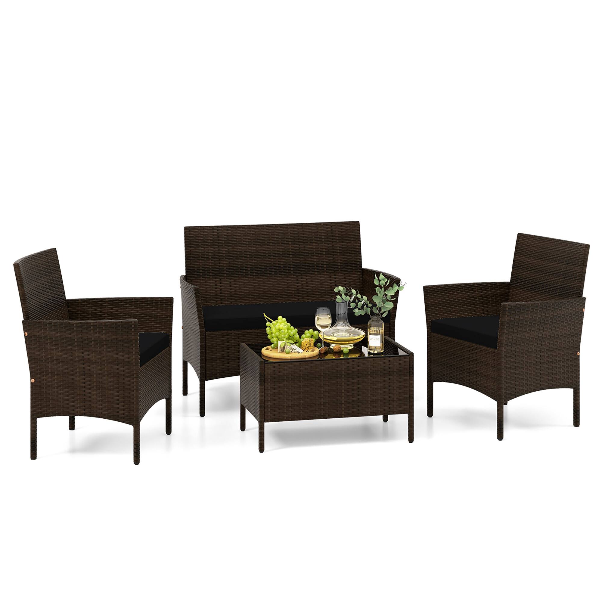 Alt View 1. Gymax - Gymax 4 Piece Patio Rattan Conversation Set Outdoor Wicker Furniture Set w/ Chair - Mix Brown, Black.