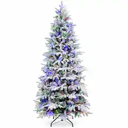 RYHNUYNE - 7FT Pre-Lit Flocked Christmas Tree With 400 Two-Color LED Lights and 2086 Tips, 9 Modes and Metal Stand - Green,White