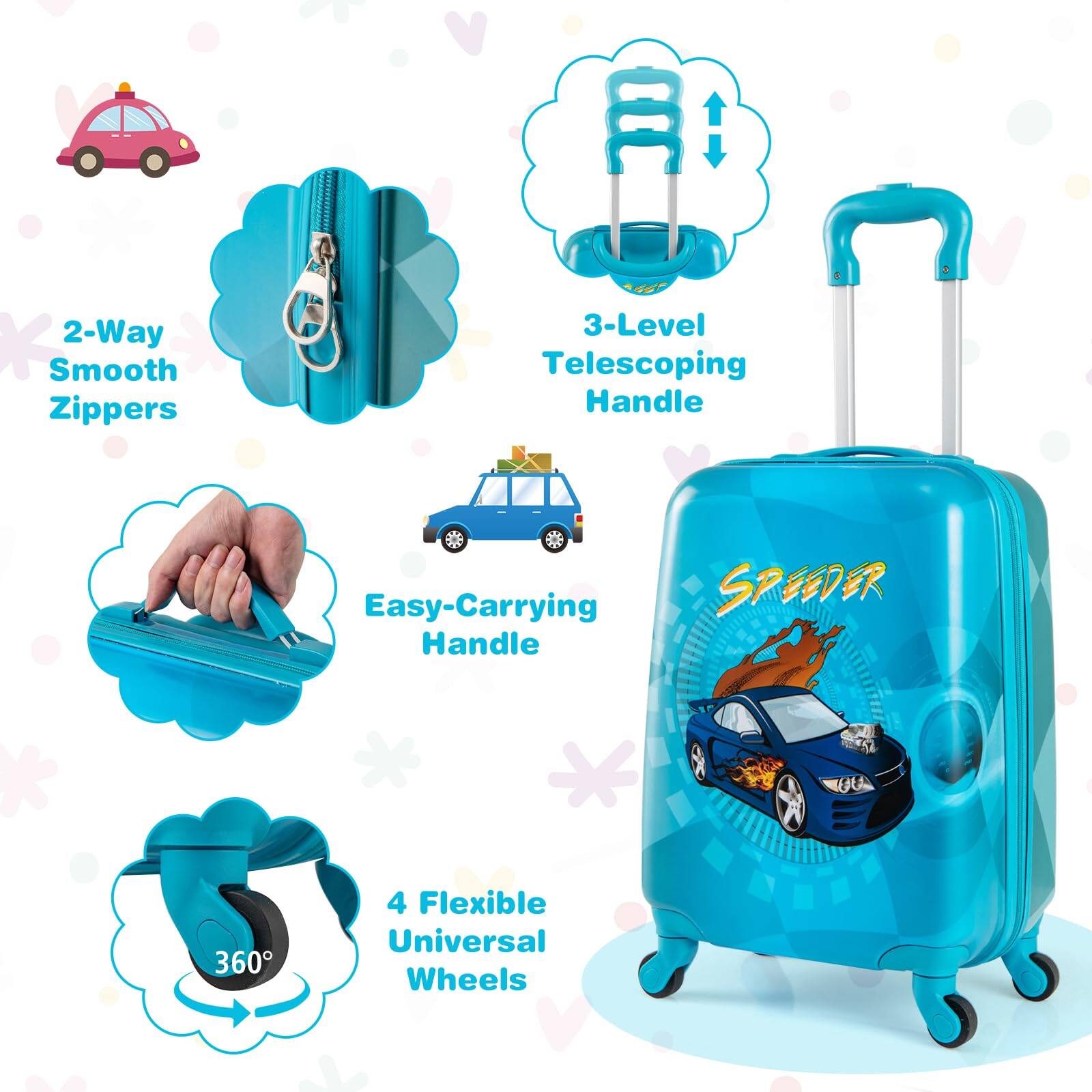 2-Way Smooth Zippers  
3-Level Telescoping Handle  
Easy-Carrying Handle  
4 Flexible Universal Wheels