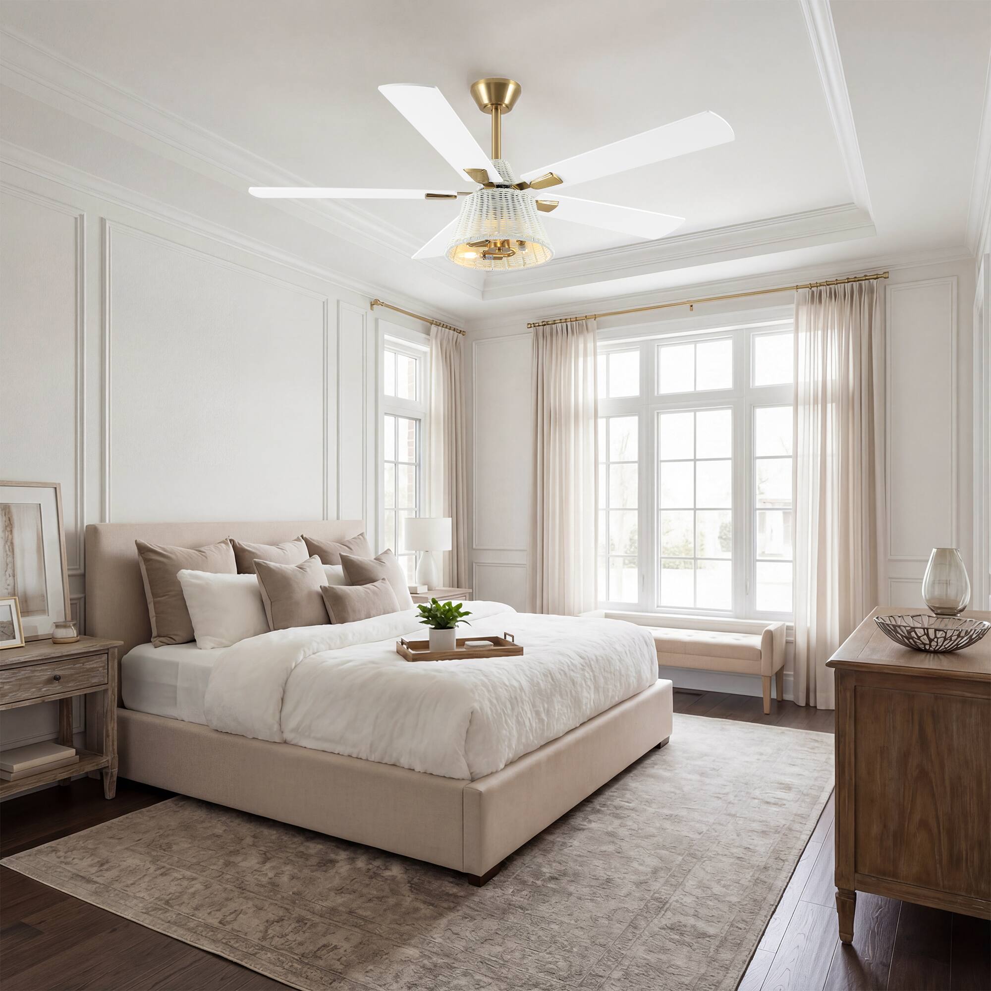 Back. Parrot Uncle - 52" Bohemian Brass Ceiling Fan with Remote and White Woven Plastic Rattan - Brass.