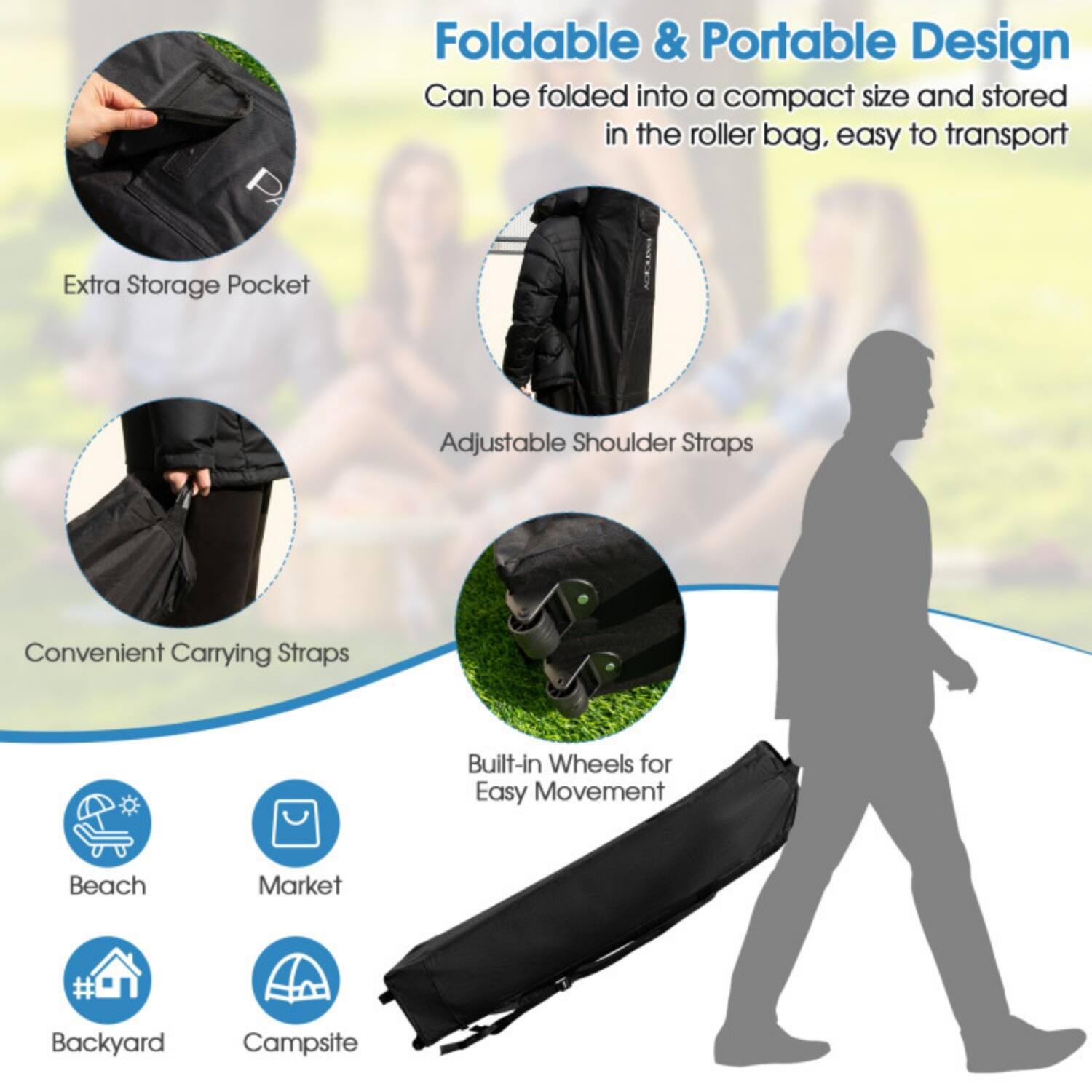 Foldable & Portable Design  
Can be folded into a compact size and stored in the roller bag, easy to transport  

- Extra Storage Pocket  
- Adjustable Shoulder Straps  
- Convenient Carrying Straps  
- Built-in Wheels for Easy Movement  

Suitable for:  
- Beach  
- Market  
- Backyard  
- Campsite