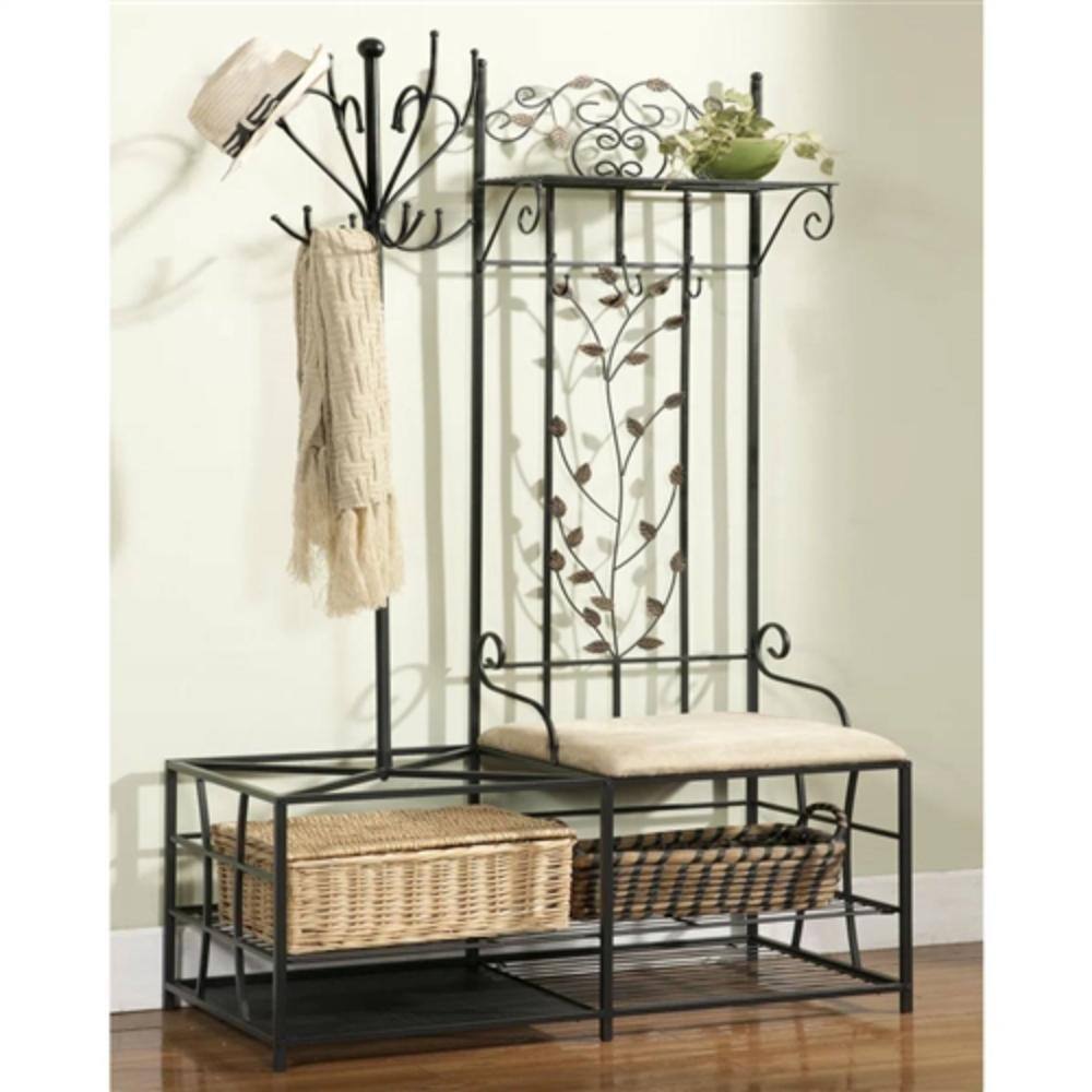 Angle. Hivvago - Entryway Hall Tree Coat Rack Storage Bench with Scrolling Leaves Scrollwork - Black.
