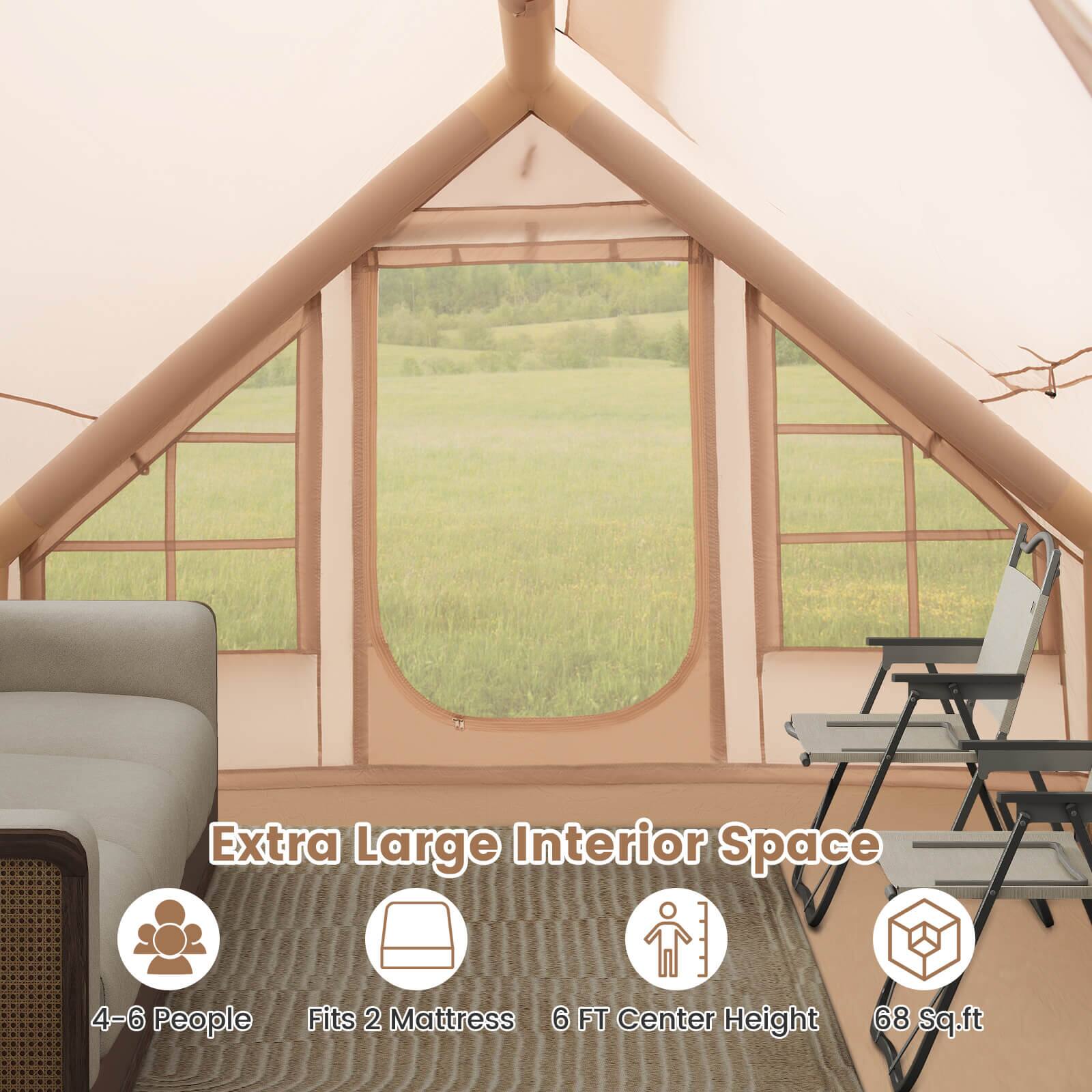 Extra Large Interior Space  
4-6 People  
Fits 2 Mattress  
6 FT Center Height  
68 Sq.ft