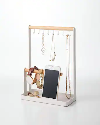 Front. Yamazaki Home - Jewelry + Accessory Display - Steel + Wood - White.