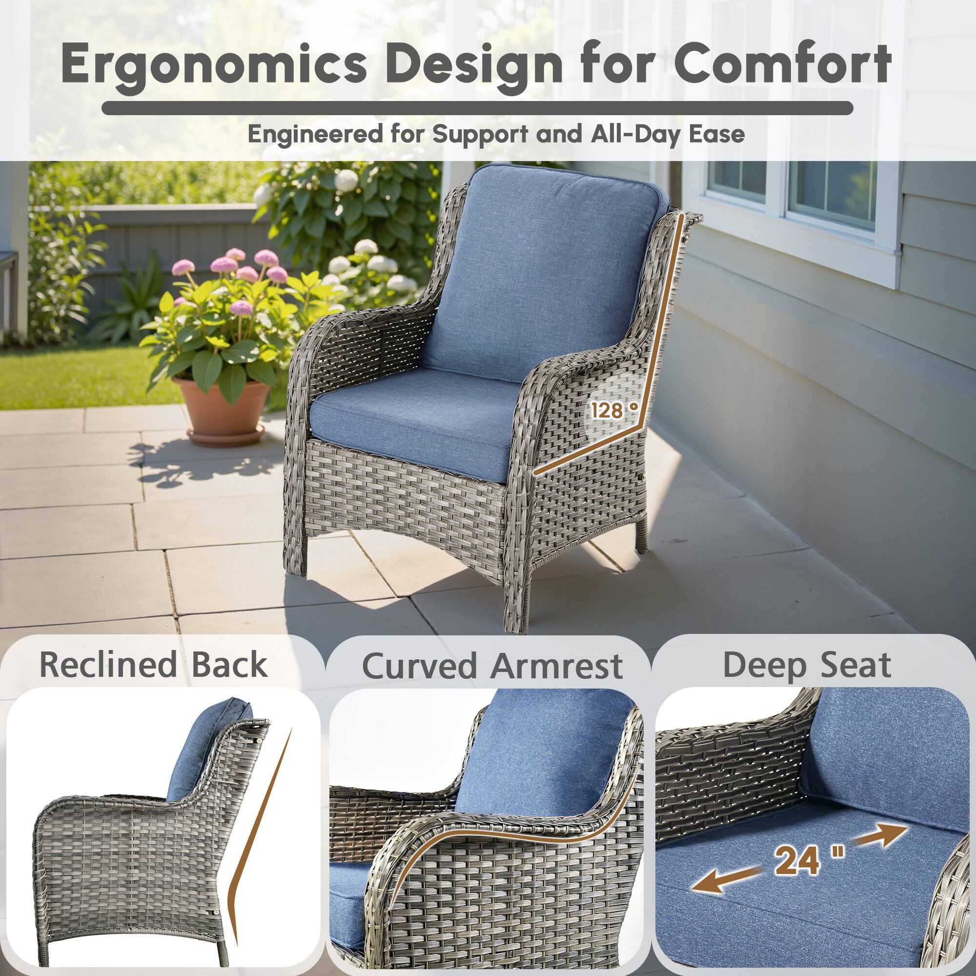 Ergonomics Design for Comfort  
Engineered for Support and All-Day Ease  

Reclined Back  
Curved Armrest  
Deep Seat  

128°  
24"