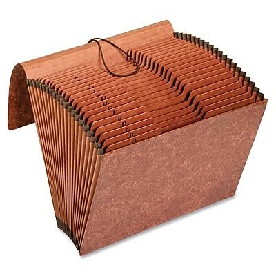 Front. Pendaflex - Recycled Heavy Duty Accordian File, Elastic Closure, Letter Size, Brown - Brown.