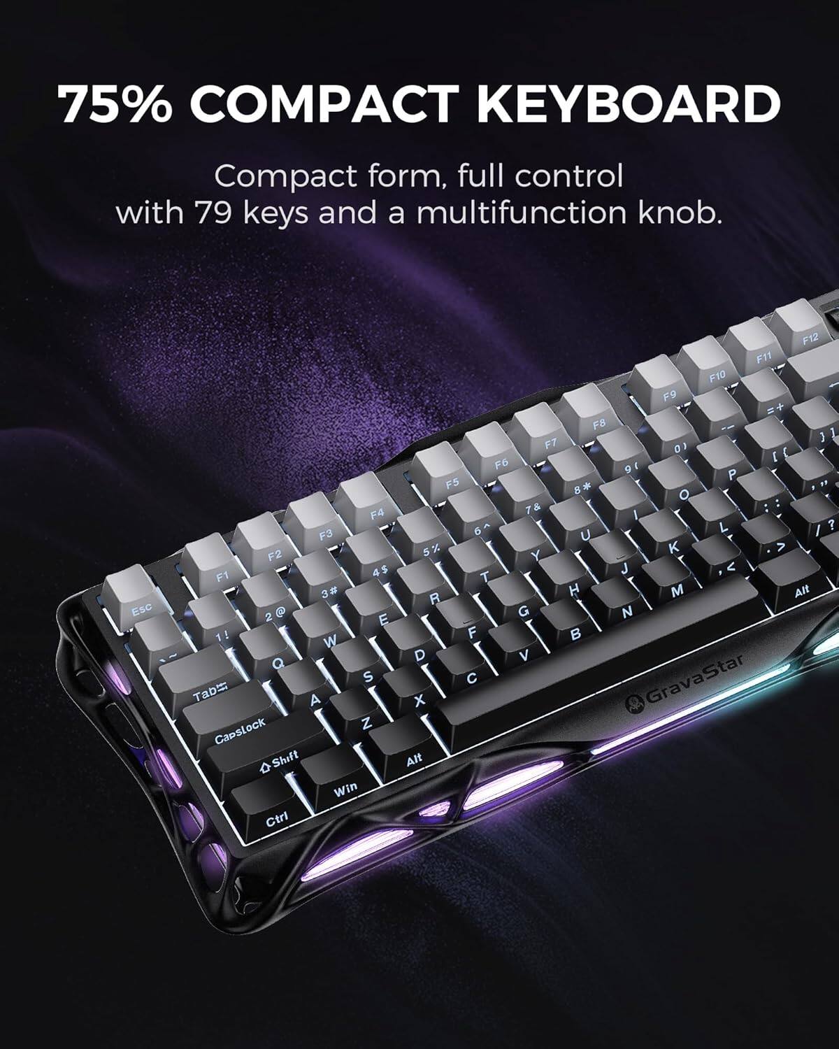 75% COMPACT KEYBOARD

Compact form, full control with 79 keys and a multifunction knob.

Esc F4 F3 F2 F1 4$ 3# 2 @ E 1! W Q S Tab A Capslock Z o Shift Win Ctrl F12 F11 F10 F9 + F8 3 1 F7 0) [ F6 9 P F5 8* FP  O 7& : 6^ L ? U  5% K > Y J < T H M Alt R G N F B D V C GravaStar x  Alt