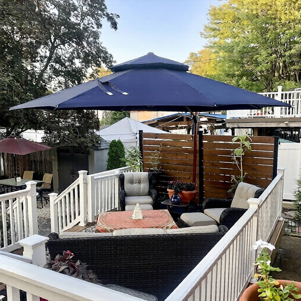 Left. PURPLE LEAF - 10 ft. Patio Octagon Outdoor Large Cantilever Umbrella Windproof Offset Heavy Duty Sun Umbrella with Base for Garden - Navy Blue.