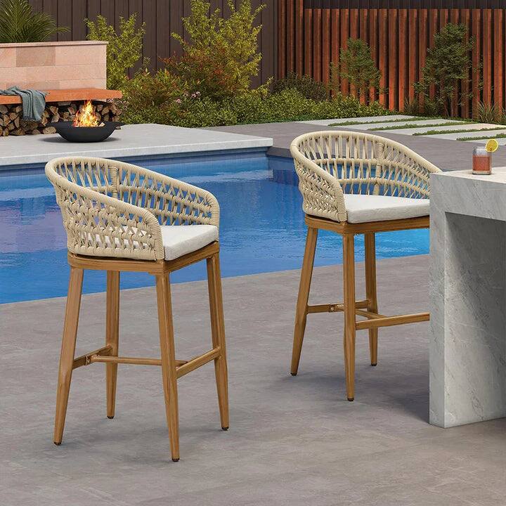 Alt View 1. PURPLE LEAF - Outdoor Counter/Bar Height StoolsRattan Wicker Bar Chairs Woven Aluminum Barstools Set of 2 with Back and Cushions - Teak-Bar Stool.