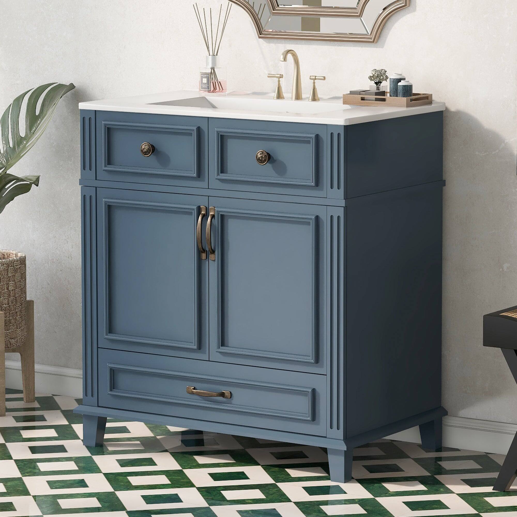 Alt View 1. Boyel Living - 30 Inch Retro Bathroom Vanity Blue with Ceramic Sink Solid Wood Frame 2 Door 1 Drawer - Blue.