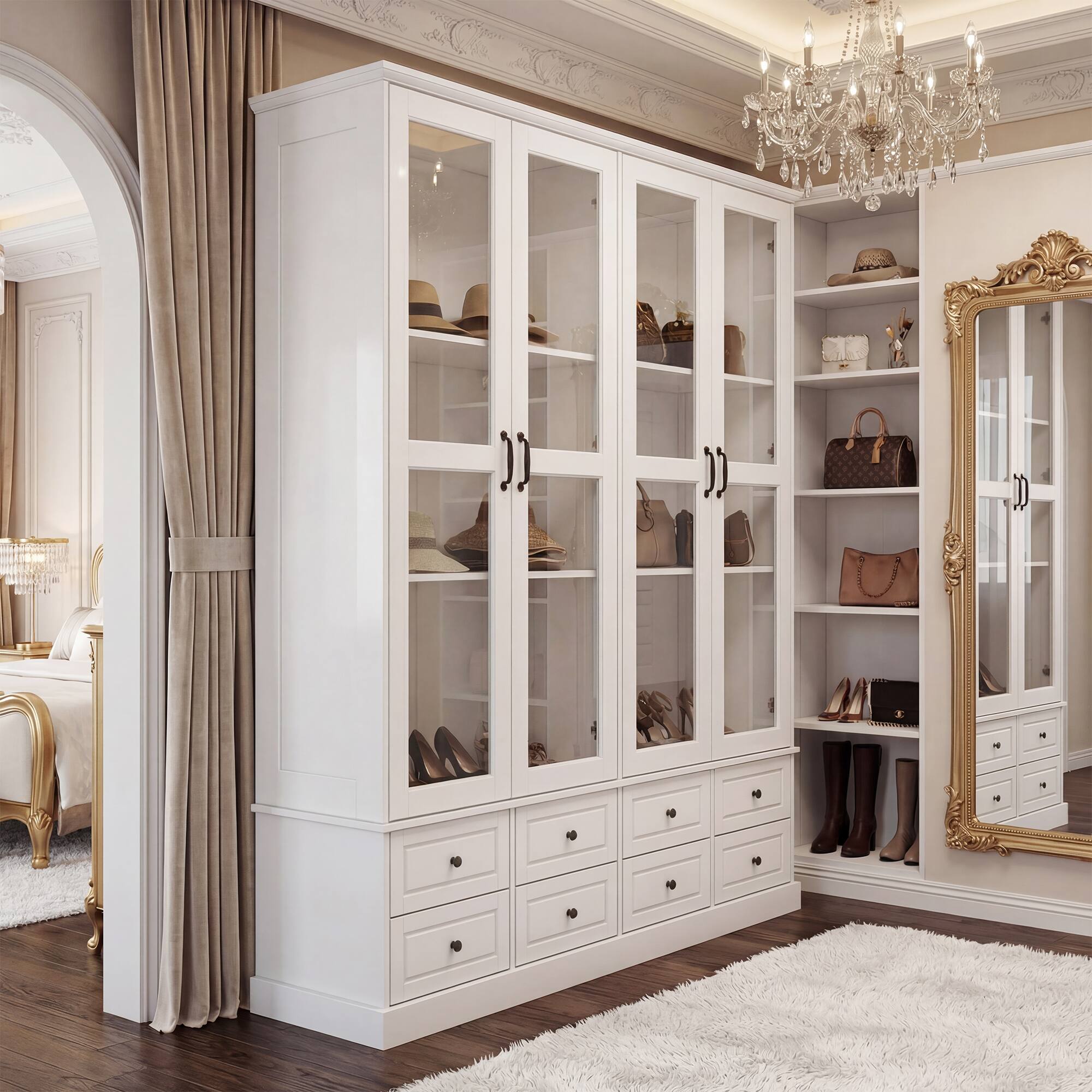 Back. Famapy - French Style Glass Display Cabinet with Storage Drawers and Anti-Tip Design.