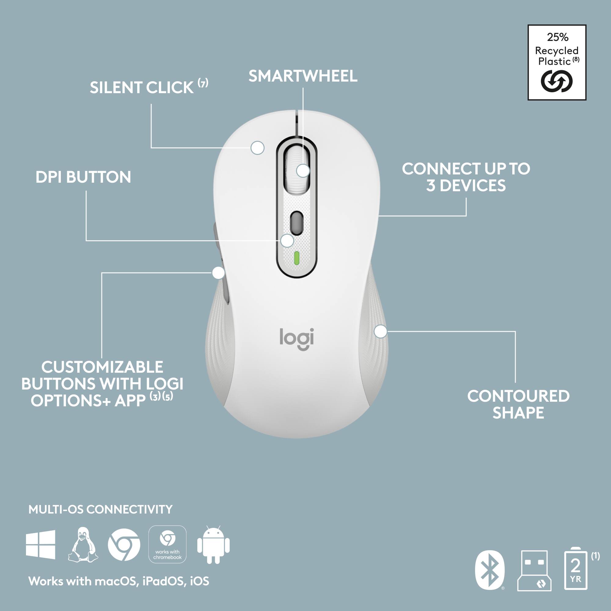 SILENT CLICK (7) SMARTWHEEL 25% Recycled Plastic DPI BUTTON CONNECT UP TO 3 DEVICES CUSTOMIZABLE BUTTONS WITH LOGI OPTIONS+ APP (3)(s) CONTOURED SHAPE MULTI-OS CONNECTIVITY Works with macOS, iPadOS, iOS Works with chromebook 2 YR (1)