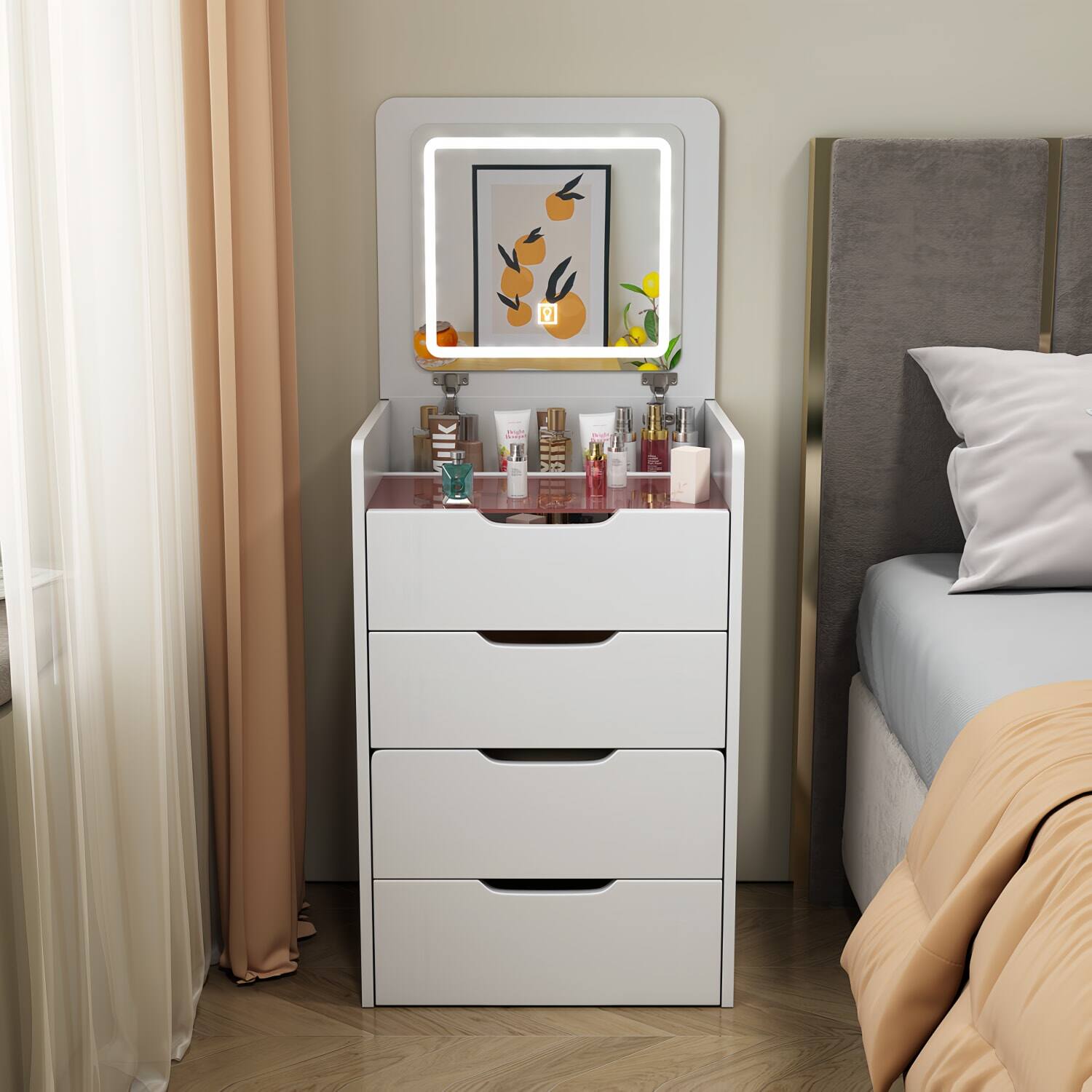 Left. Lirago - 3-in-1 Vanity Desk with Flip Mirror Wood Dresser Table for Bedroom 15.7”D x 18.9”W x 31.5”H - White.
