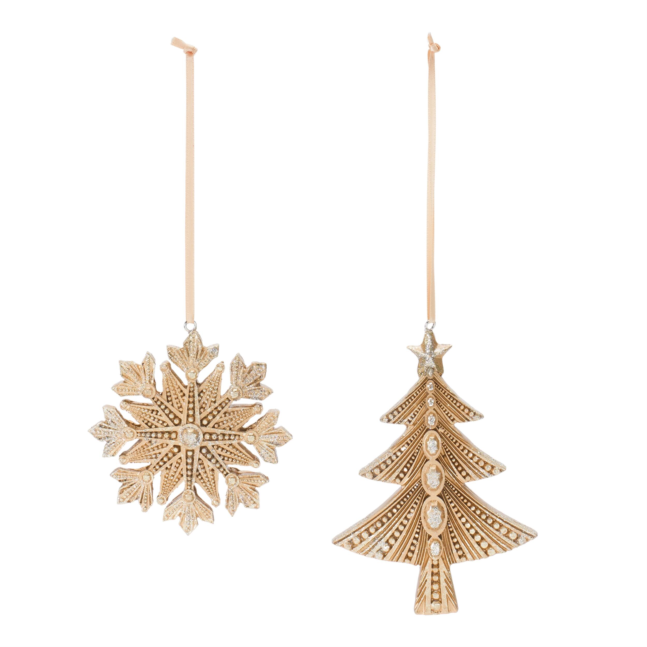 Angle. BreeBe - Glittered Pine Tree and Snowflake Ornament (Set of 12) - Gold.