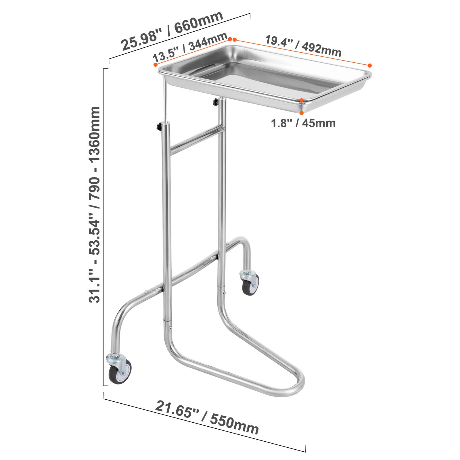 1.8" / 45mm, 13.5" / 344mm, 19.4" / 492mm, 25.98" / 660mm, 31.1" - 53.54" / 790 - 1360mm, 21.65" / 550mm