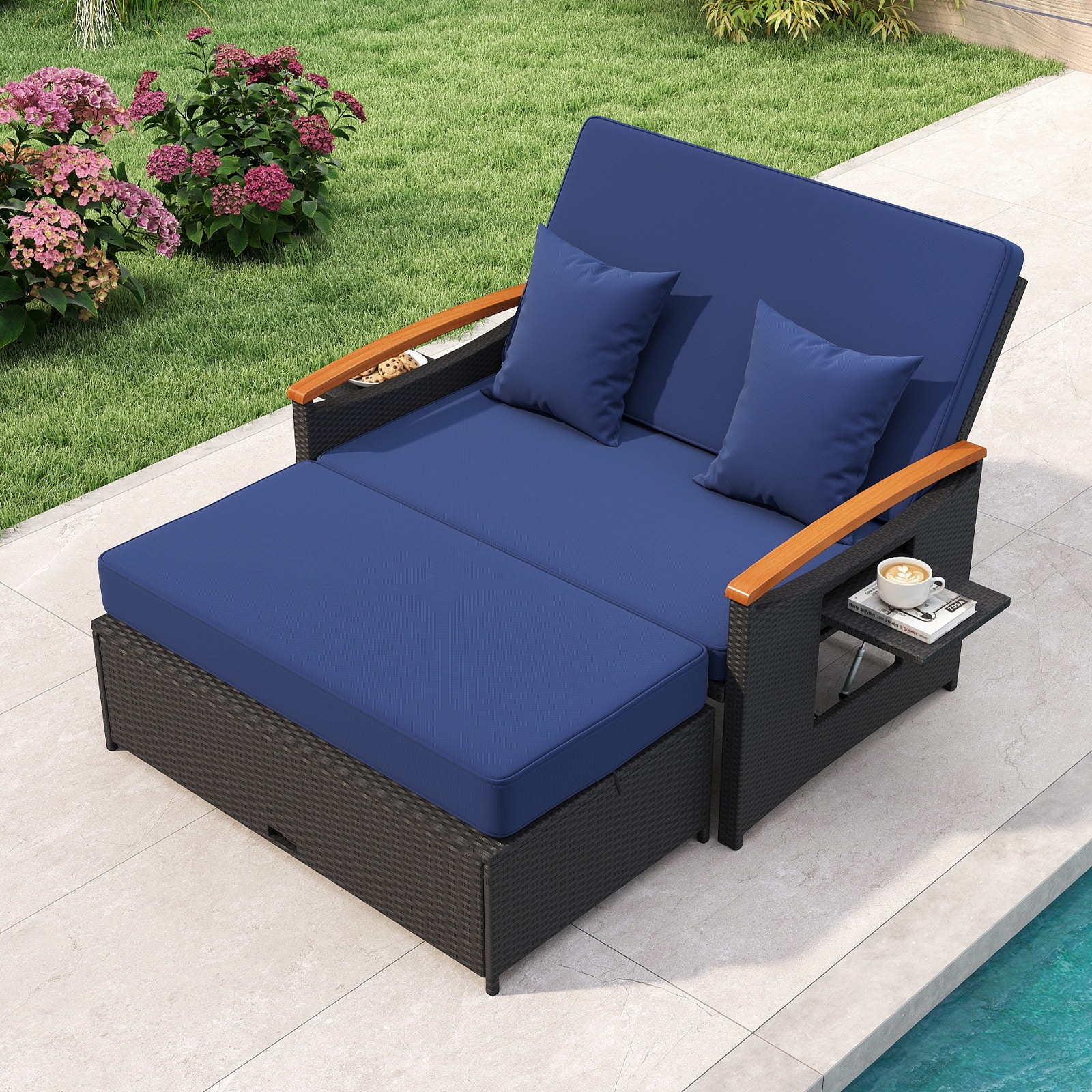 Gymax - Patio Rattan Daybed Set w/Cushioned Loveseat & Storage Ottoman for Porch Outdoor Navy - Black