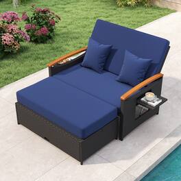 Gymax - Patio Rattan Daybed Set w/Cushioned Loveseat & Storage Ottoman for Porch Outdoor Navy - Black