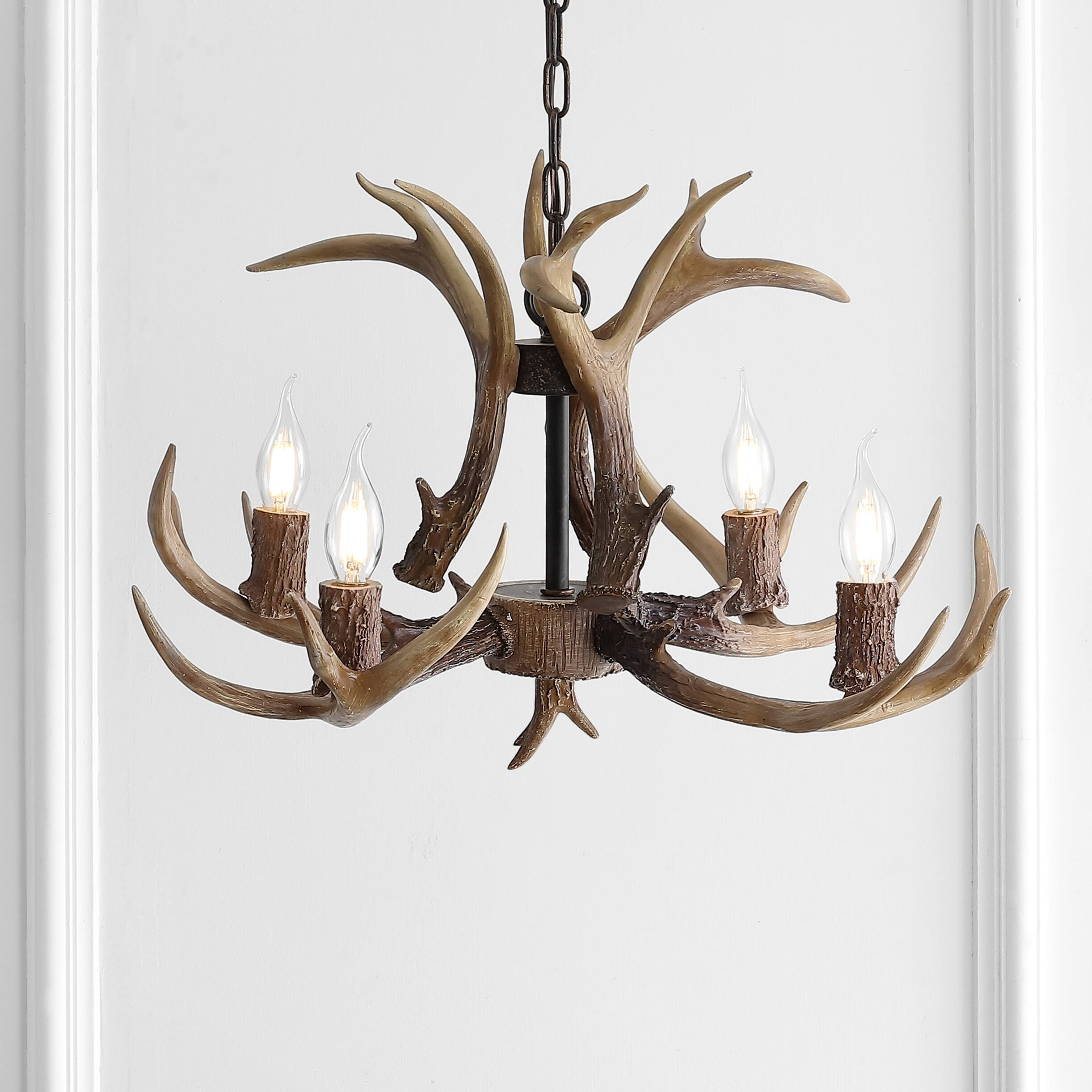 Alt View 1. Jonathan Y - Eldora 26" 4-Light Rustic Farmhouse Adjustable Resin Antler LED Chandelier, Brown - Brown.