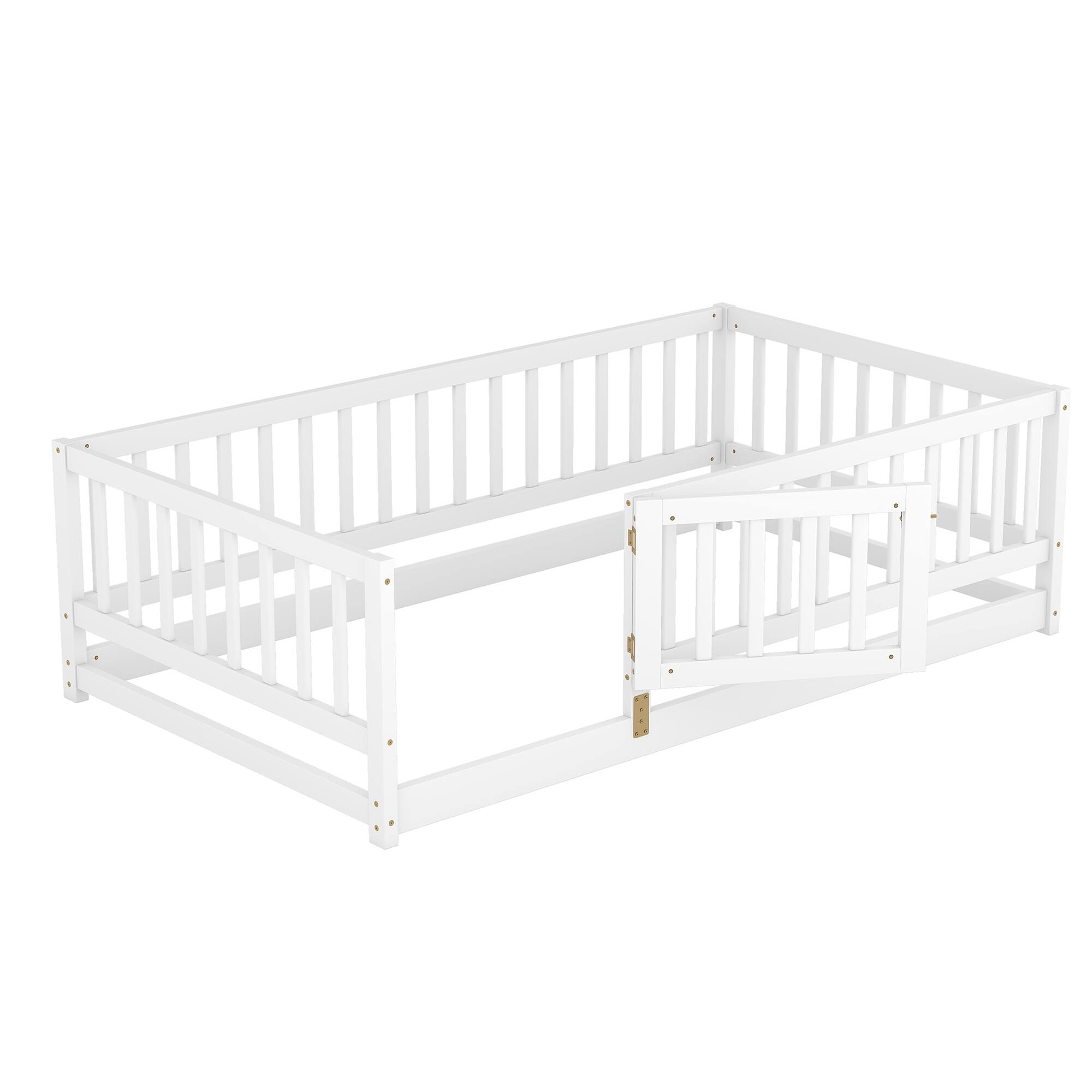Alt View 7. GOODSILO - Twin Size Montessori Floor Bed with Fence and Door, Wood Bed Frame for Kids, Boys & Girls - White.
