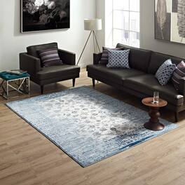 Modway - Chiara Distressed Floral Lattice Contemporary Area Rug - Moroccan Blue and Ivory