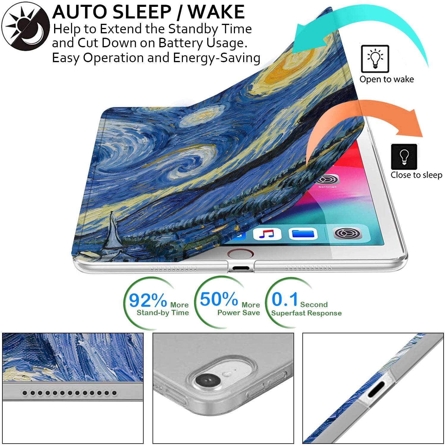 AUTO SLEEP / WAKE  
Help to Extend the Standby Time and Cut Down on Battery Usage.  
Easy Operation and Energy-Saving  

Open to wake  
Close to sleep  

92% More Stand-by Time  
50% More Power Save  
0.1 Second Superfast Response