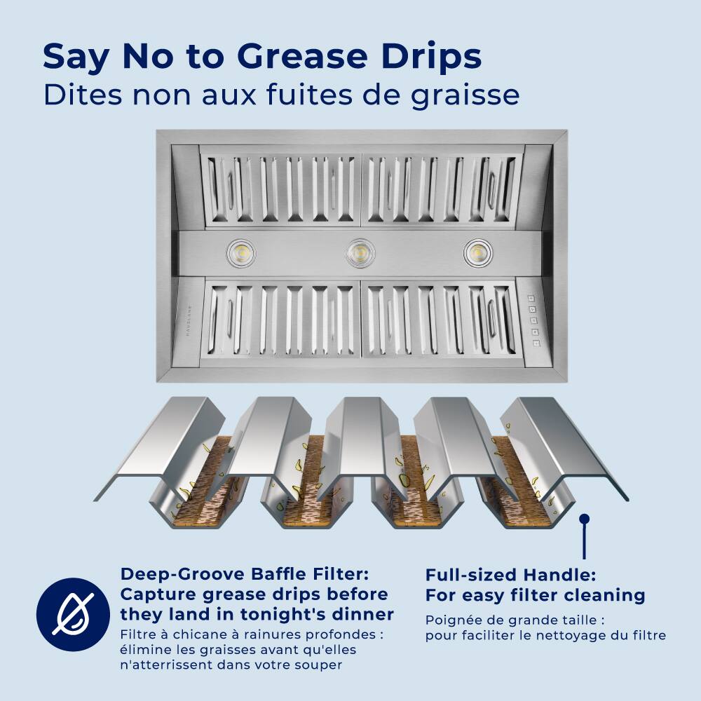 Say No to Grease Drips Dites non aux fuites de graisse
Deep-Groove Baffle Filter: Capture grease drips before they land in tonight's dinner
Full-sized Handle: For easy filter cleaning
Poignee de grande taille : pour faciliter le nettoyage du filtre limine les graisses avant qu'elles n'atterrissent dans votre souper