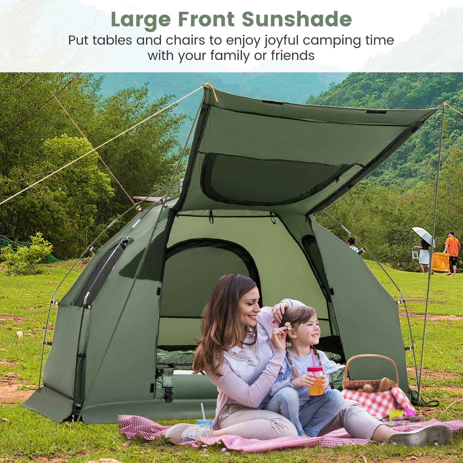 Large Front Sunshade: Put tables and chairs to enjoy joyful camping time with your family or friends.