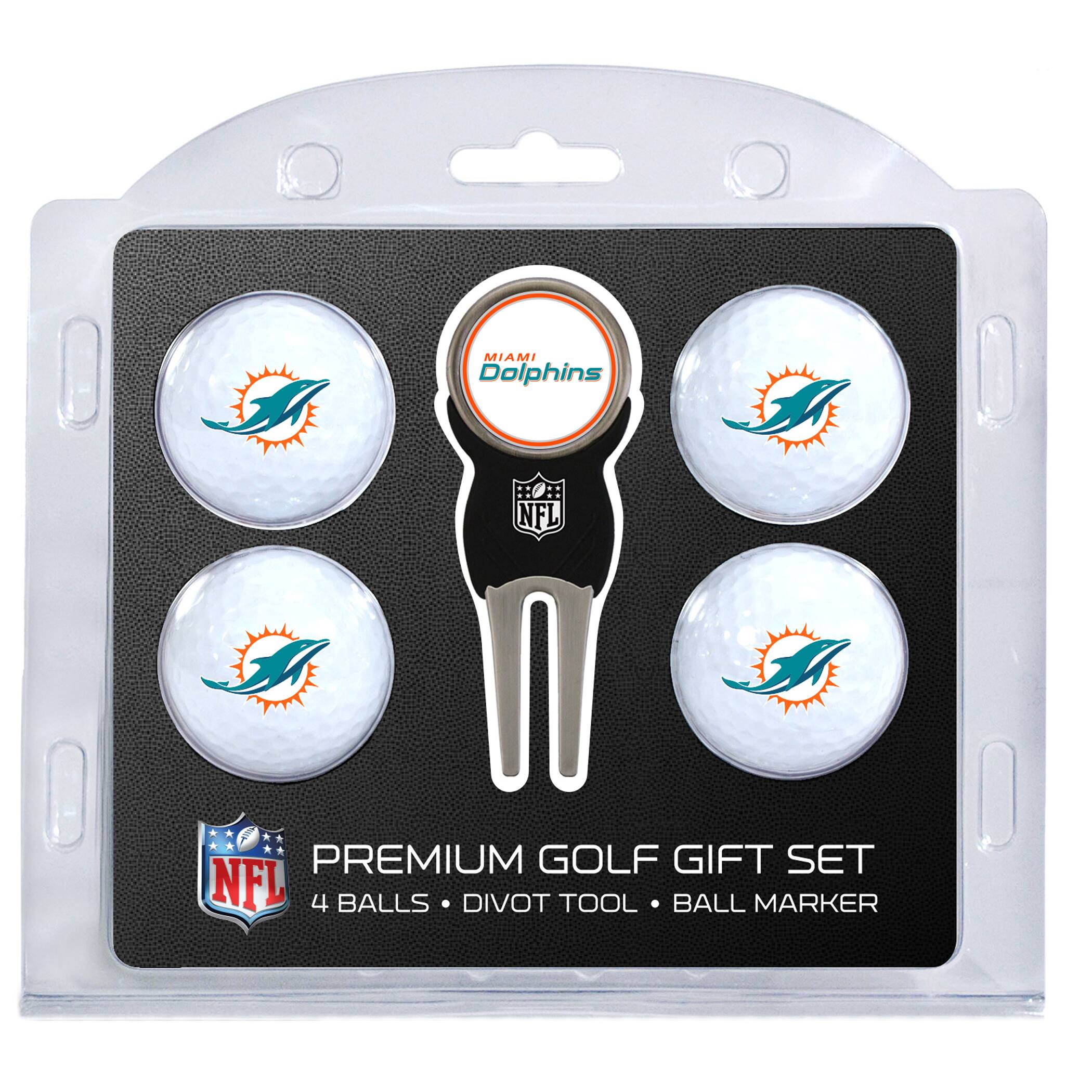 MIAMI Dolphins  
NFL PREMIUM GOLF GIFT SET  
4 BALLS • DIVOT TOOL • BALL MARKER