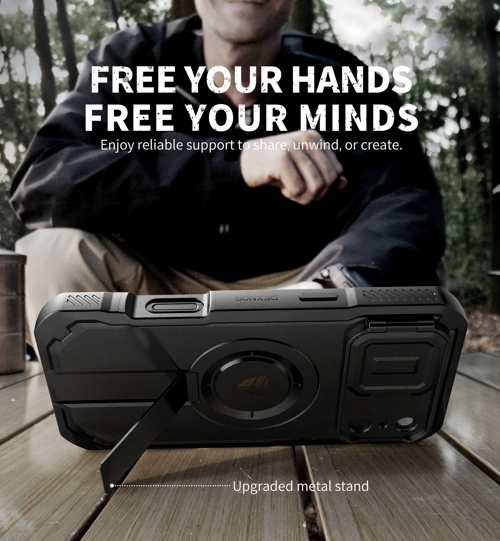 FREE YOUR HANDS  
FREE YOUR MINDS  
Enjoy reliable support to share, unwind, or create.  

Upgraded metal stand