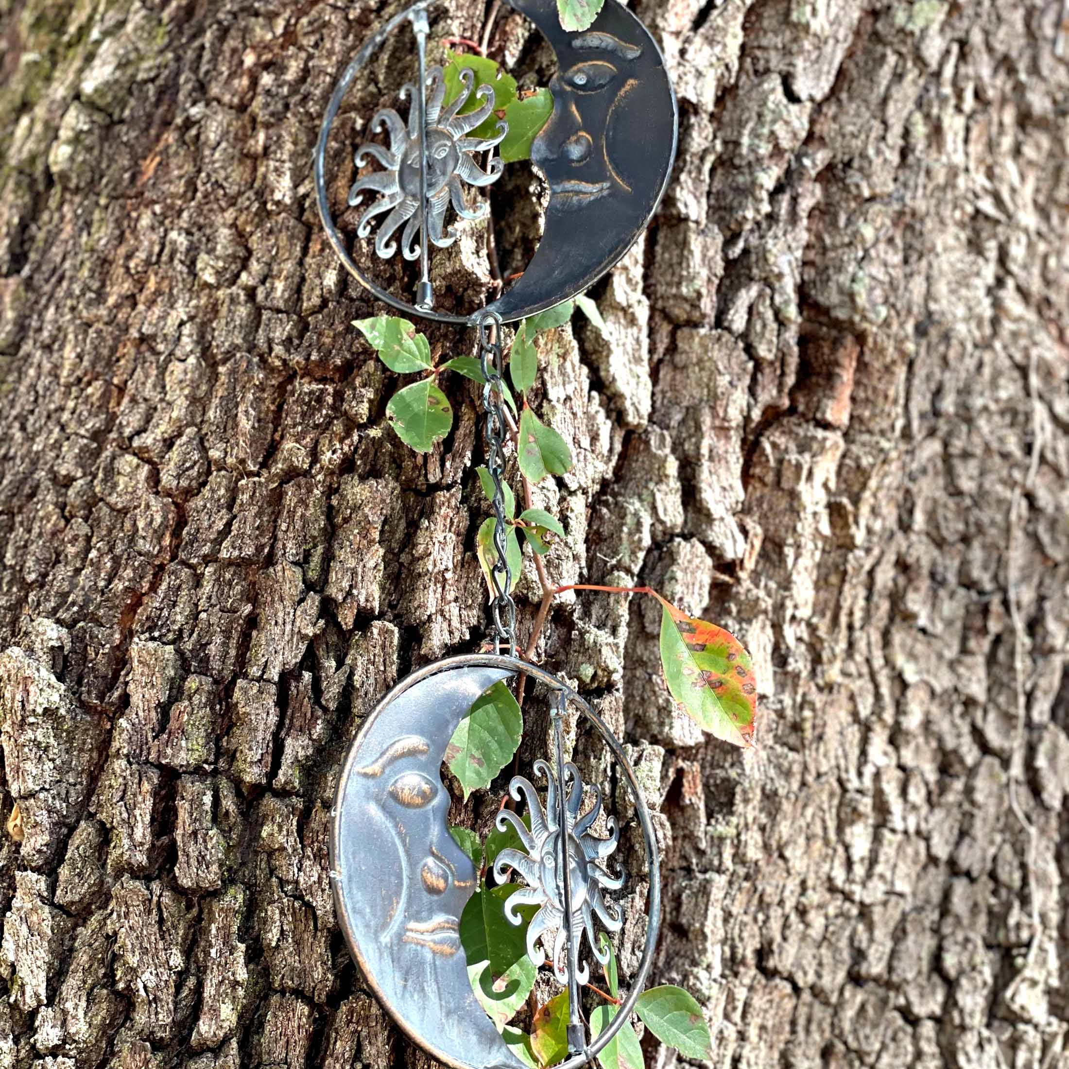 Alt View 4. Things2Die4 - 80-Inch Metal Rain Chain - 6 Celestial Crescent Moon & Suns, Verdigris Finish - Black.