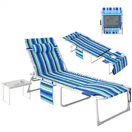 Outsunny - Chair with Face Hole and Side Table, 5-Position Folding Outdoor Chaise Lounge Chair - Blue Stripe