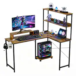 GTPlayer - 53'' Reversible L-Shaped Computer Gaming Desk with LED Lights, Power Outlets, and Hutch Storage - Wood