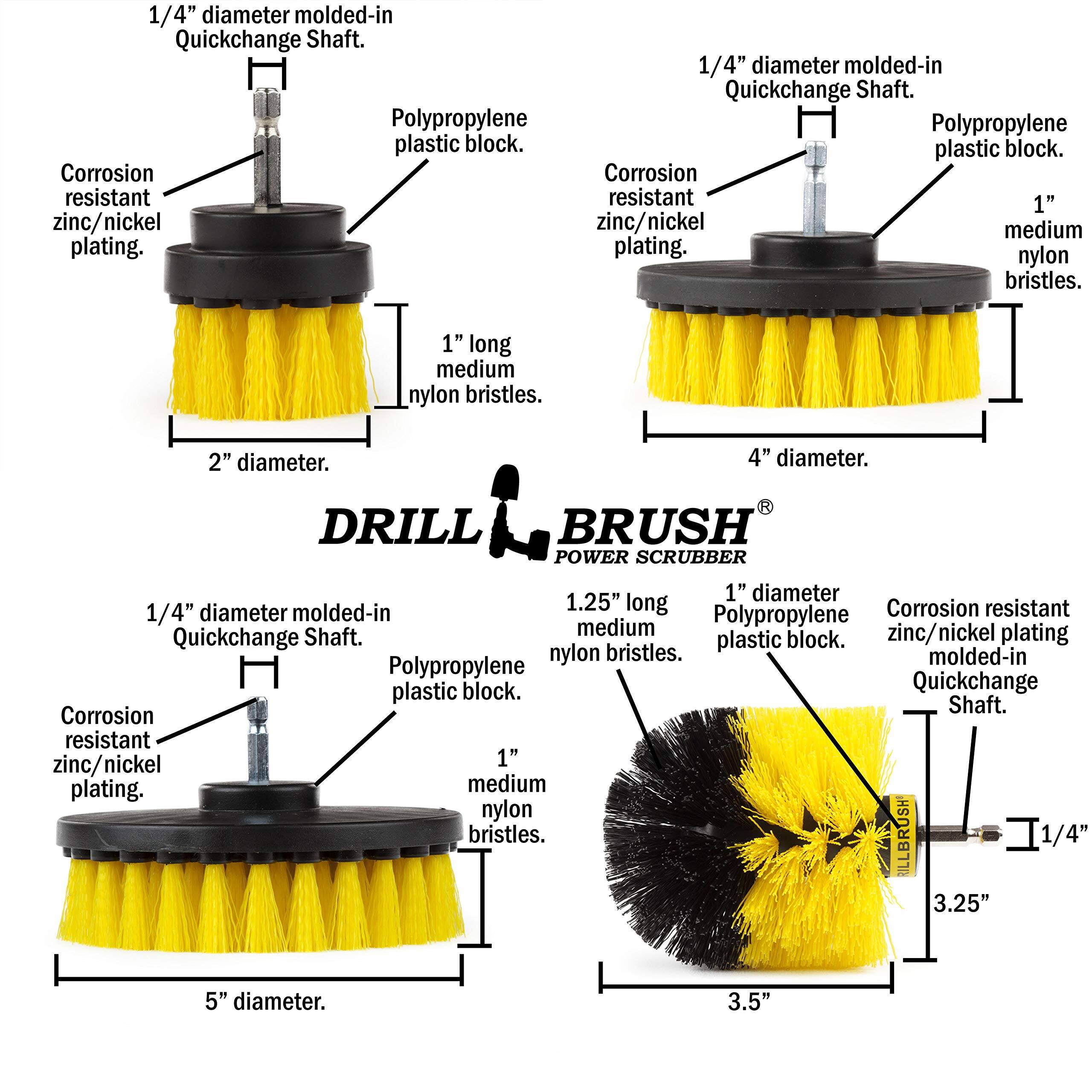 1/4" diameter molded-in Quickchange Shaft. Polypropylene plastic block. Corrosion resistant zinc/nickel plating. 1" medium nylon bristles. 2" diameter. 4" diameter. DRILL BRUSH POWER SCRUBBER 1" diameter 1.25" long Corrosion resistant 1/4" diameter molded-in Polypropylene medium zinc/nickel plating Quickchange Shaft. plastic block. nylon bristles. LLBRUSH I1/4" 3.25" 5" diameter. 3.5"
