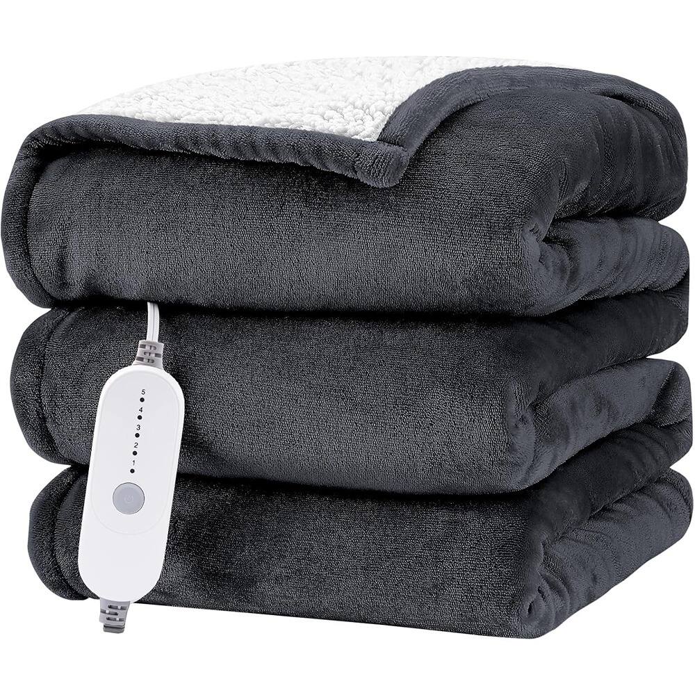 MOSZAR LLC - Heated Electric Throw 50"x60" – Fleece Flannel, 5 Heat Levels, Dark Grey - Dark Gray