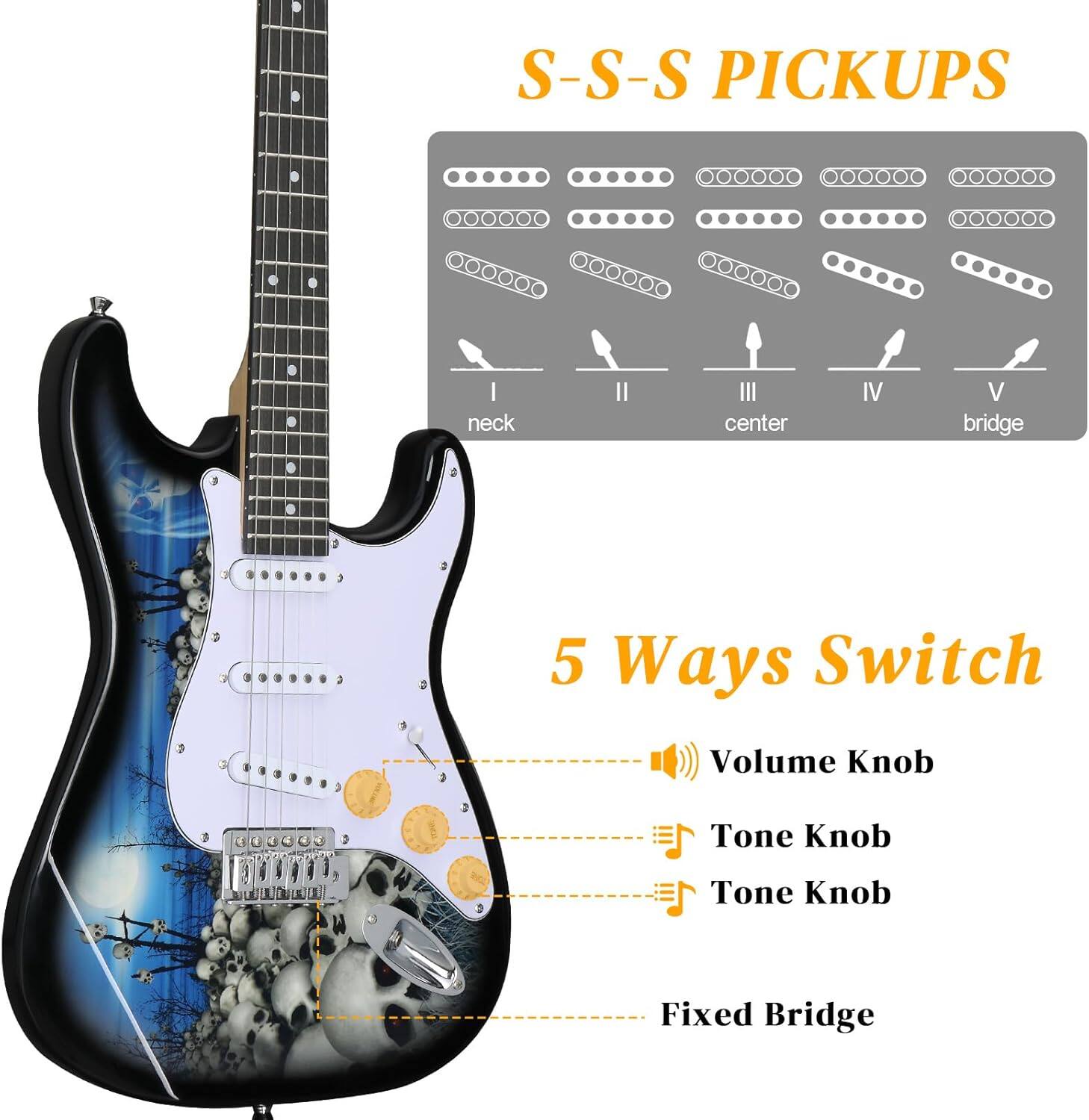 S-S-S PICKUPS  
neck center IV V bridge  
5 Ways Switch  
Volume Knob  
Tone Knob  
Tone Knob  
Fixed Bridge