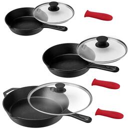 MegaChef - Pre-Seasoned 9 Piece Cast Iron Skillet Set with Lids and Red Silicone Holder - Black and Red