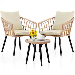 Ainfox - 3 PCS Patio Furniture Set,Wicker Table and Chairs All-Weather Wicker Outdoor Furniture,for Porch Backyard - Beige