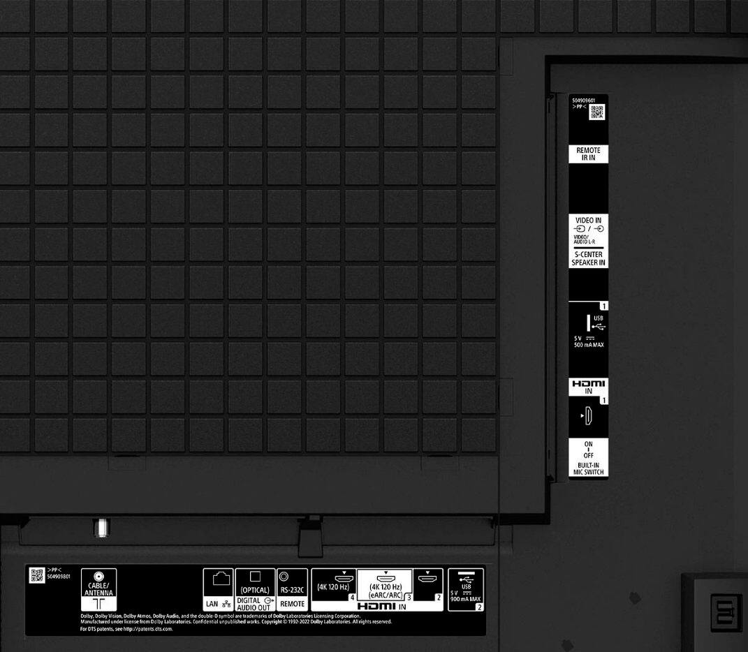 SORSODACT * REMOTE CONTROL VIDEO IN/VIDEO OUT 1/2 S-CENTER SPEAKER IN 1/2 USE SV 500 DA MAX HOMI IN 1/2 ON/OFF 1- MI SWITCH >FFC SOOSACT CABLL (4K 120 Hz) (4K 120 Hz) ANTENNA OPTICAL) R5-232C 4 eARC/ARC 3 DIGITAL LAN REMOTE HOMI AUDIO OUT IN Dolby Digital Vision Dolby Atmos RIAA-certified Laboratories and the double Delta Duck. Samsung Laboratories Cinema Evolution works Coppright + 1957 3000 Samsung Laboratories AlVghT sen to on petents -e impupatents - 2 LER TV - 900 MAX 2