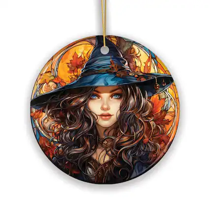 Front. OrnamentallyYou - Mystical Enchantress Beautiful Young Witch Stained Glass Style Ceramic Ornament - Multi-colored.