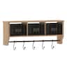 Emma + Oliver - Mulhall Rustic Country Wall Mounted Shelf with 5 Adjustable Sliding Hooks and Three Wire Storage Baskets - Rustic Brown