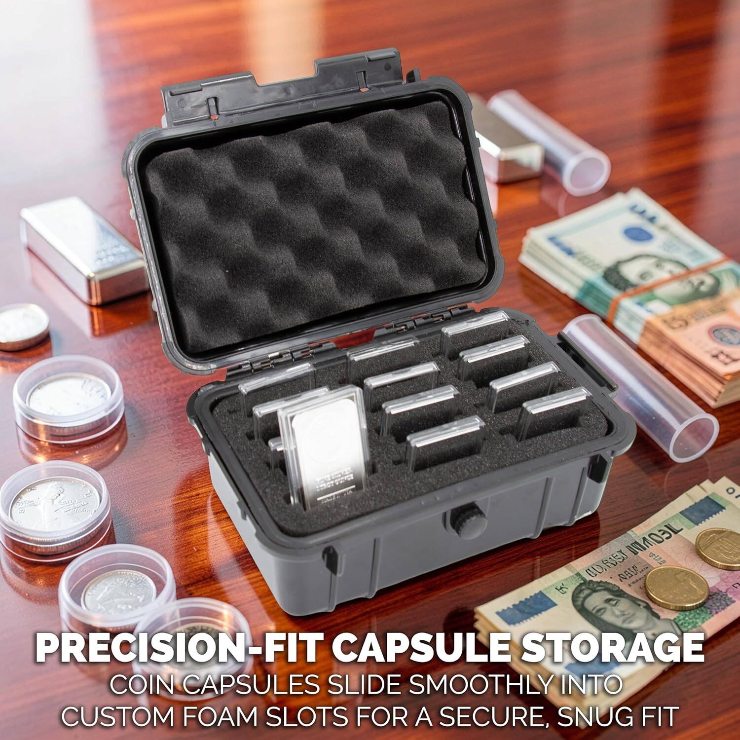 E & O RUST 3 BONELE W 5 I S PRECISION-FIT CAPSULE STORAGE COIN CAPSULES SLIDE SMOOTHLY INTO CUSTOM FOAM SLOTS FOR A SECURE, SNUG FIT

PRECISION-FIT CAPSULE STORAGE
COIN CAPSULES SLIDE SMOOTHLY INTO CUSTOM FOAM SLOTS FOR A SECURE, SNUG FIT