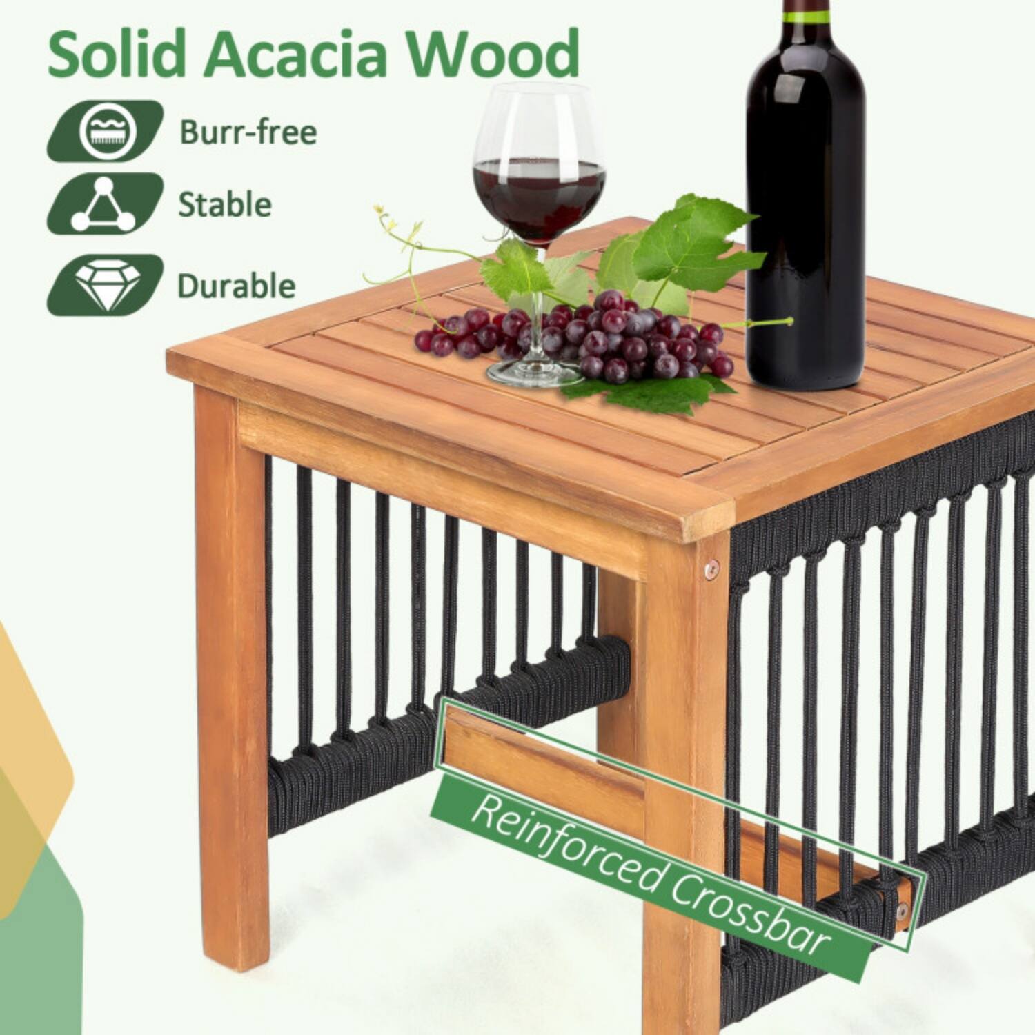 Solid Acacia Wood  
- Burr-free  
- Stable  
- Durable  

Reinforced Crossbar