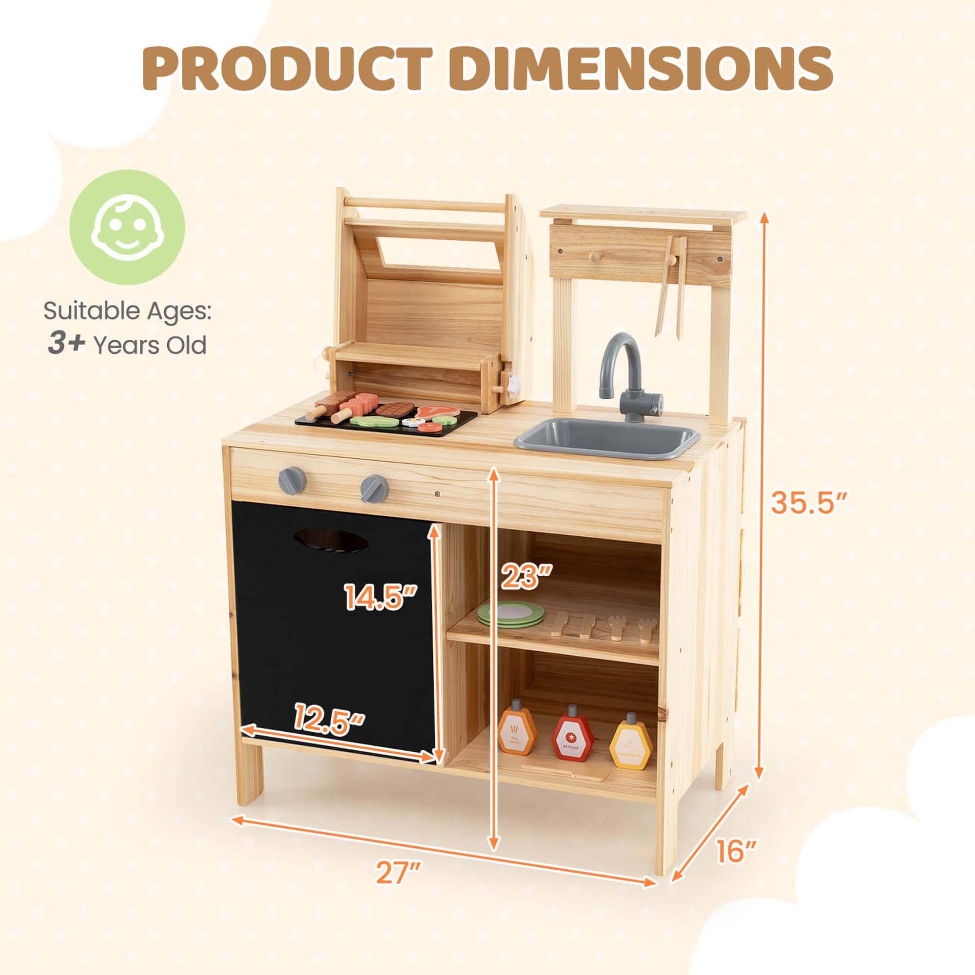 PRODUCT DIMENSIONS

Suitable Ages: 3+ Years Old

- Height: 35.5"
- Width: 27"
- Depth: 16"
- Front Height: 23"
- Drawer Height: 14.5"
- Drawer Depth: 12.5"