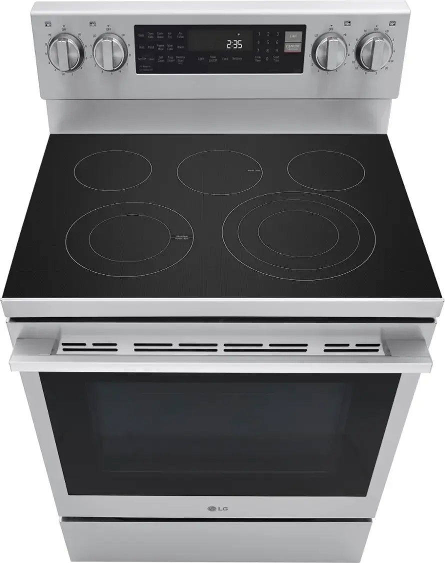 The text on the image reads: "LG 2.35 cu. ft. stainless steel oven with digital display."