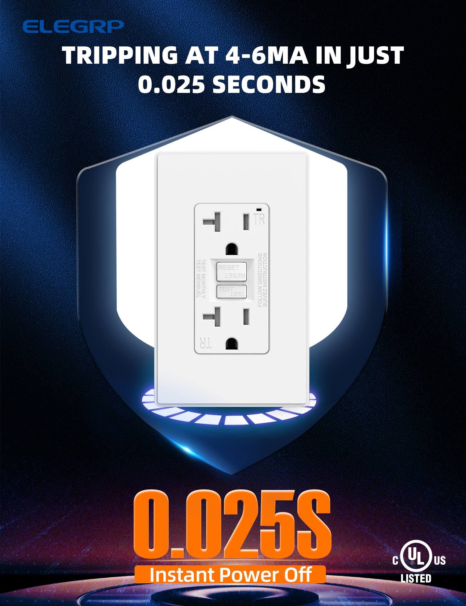 ELEGRP  
TRIPPING AT 4-6MA IN JUST 0.025 SECONDS  

0.025S  
Instant Power Off  

TEST  
RESET  

MENSUEL  
MONTHLY  

FOLLOW INSTRUCTIONS  
SUIVEZ LES DIRECTIONS  

UL LISTED